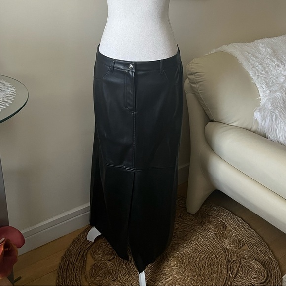Max Studio Black Faux Leather Long Skirt with Front Slit Size Large NWT - Picture 6 of 13